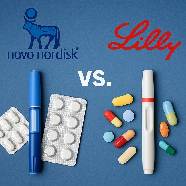 Representative image of the Novo Nordisk versus Eli Lilly and Company rivalry in the global metabolic health market, highlighting the competition between their GLP‑1 and obesity drug portfolios.