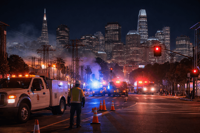 Representative image of San Francisco emergency crews responding to a downtown power outage after a Pacific Gas and Electric Company substation fire disrupted service to over 130,000 customers.