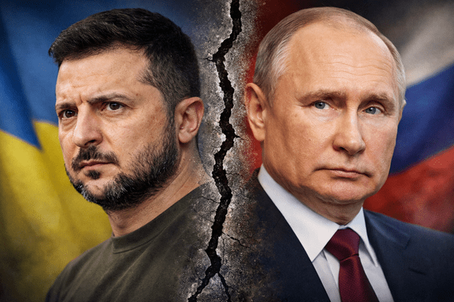 Representative image showing Ukrainian President Volodymyr Zelenskyy and Russian President Vladimir Putin, reflecting rising Russia–Ukraine tensions after Moscow claimed a drone attack on a Putin residence and issued fresh threats toward Kyiv.