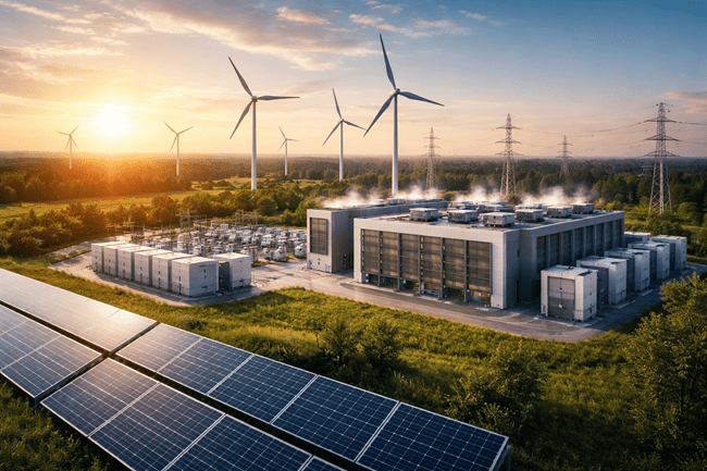 A representative image of clean energy infrastructure integrated with data center operations, reflecting Alphabet’s strategy to co-locate AI compute with power generation in the United States.