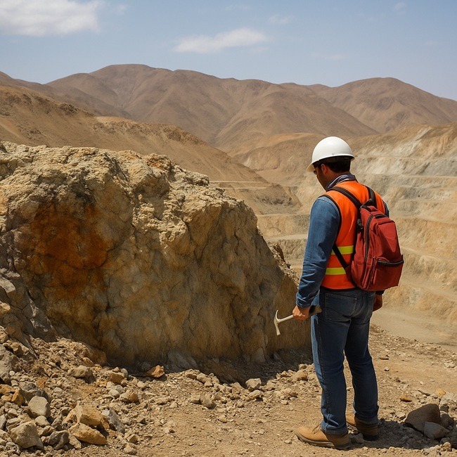 Representative image of a geologist evaluating copper-gold porphyry rock formations, highlighting how gold credits are reigniting interest in marginal copper deposits across global mining regions.