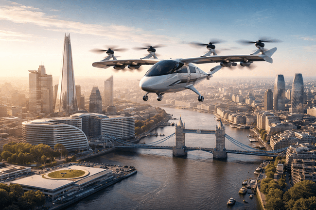 A representative illustration of an electric vertical take-off and landing (eVTOL) aircraft flying over London, highlighting the UK’s growing role as a regulatory sandbox for global eVTOL certification and advanced air mobility testing.