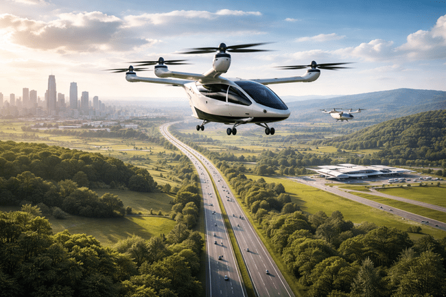 Representative image of an electric vertical takeoff and landing (eVTOL) aircraft exploring intercity air mobility routes. As the eVTOL industry shifts from urban demos to longer regional corridors like London–Cambridge and New York–Philadelphia, route viability, airport partnerships, and business traveler demand are becoming central to commercialization efforts.