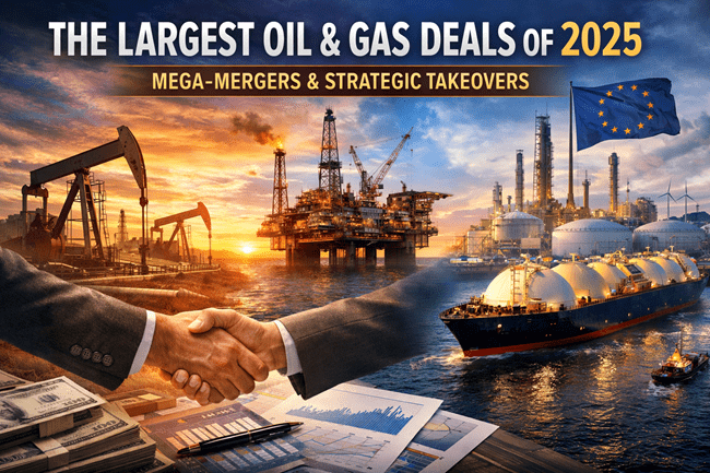 Representative image of major oil and gas dealmaking activity in 2025, featuring global M&A themes such as U.S. shale consolidation, Gulf of Mexico offshore expansion, and European infrastructure divestments.