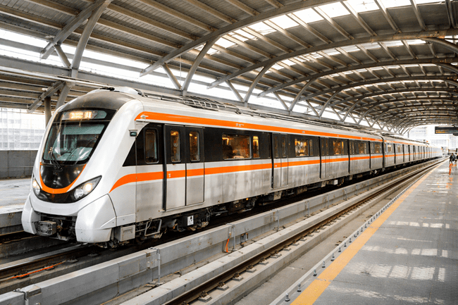 Representative image of a silver-orange metro trainset at an elevated station, illustrating India’s push toward indigenous, driverless urban transit systems like the Ahmedabad Metro Phase 2 rollout by Titagarh Rail Systems.