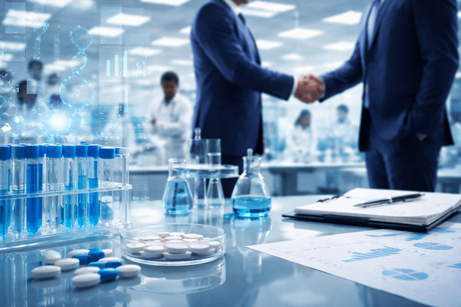 Representative image showing pharmaceutical research and dealmaking activity. The biggest pharma deals of 2025 were driven by high‑value acquisitions in neuroscience, obesity, vaccines, and oncology as global drugmakers reshaped their pipelines through M&A.
