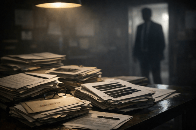 Representative image showing stacks of redacted government documents under dim lighting, symbolizing the partial release of Jeffrey Epstein files by the United States Department of Justice and the growing political scrutiny around Clinton and Trump’s visibility in the case.