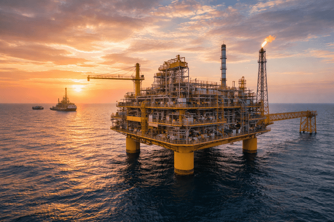 A representative image of an offshore natural gas platform, reflecting the kind of AI-integrated infrastructure involved in ADNOC’s SARB Deep Gas development under the Ghasha Concession.