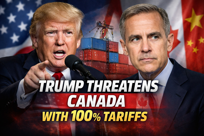 Representative image showing U.S. President Donald Trump and Canadian Prime Minister Mark Carney amid rising trade tensions. The image highlights Trump’s warning of 100 percent tariffs if Canada proceeds with its China trade deal, a move that could reshape North American trade and geopolitical dynamics.