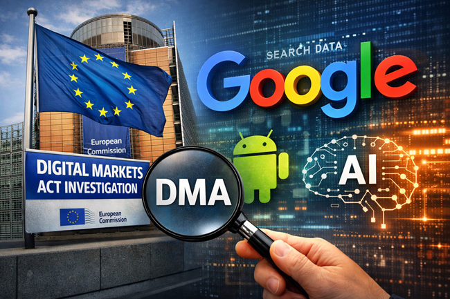 Representative image of the European Commission investigating Google under the Digital Markets Act (DMA), focusing on Android AI access and Google Search data interoperability.
