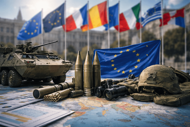 Representative image showing European defence equipment and joint procurement context, symbolising the European Union's SAFE initiative and €38 billion funding approval for Member States.