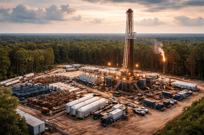 Representative image of a shale gas drilling site in the Haynesville Shale region, reflecting the scale of operations tied to Mitsubishi Corporation’s $5.2 billion acquisition of Aethon Energy’s assets in Texas and Louisiana.