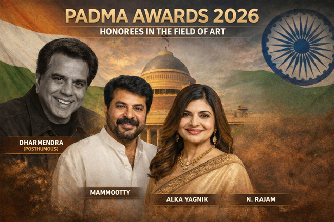 Representative image of Padma Awards 2026 honorees in the field of art, featuring Dharmendra Singh Deol (posthumous), Mammootty, and Alka Yagnik. These cultural icons are among the key recipients recognised by the Government of India for their distinguished contributions to Indian cinema and music.