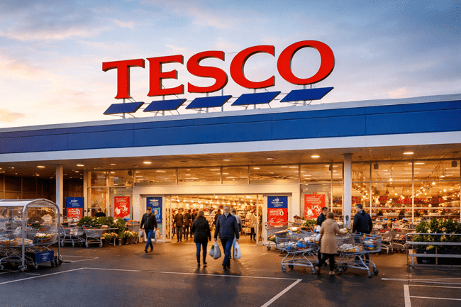 Representative image of a Tesco supermarket during peak festive trading. The UK’s largest grocer reported record market share and fresh food gains in its Q3 and Christmas 2025 update.