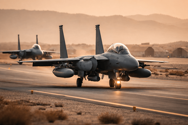 Representative image: A U.S. Air Force fighter aircraft prepares for operations at a desert airbase, representing U.S. military air activity in the Middle East following Operation Hawkeye Strike and recent United States airstrikes targeting ISIS positions in Syria.