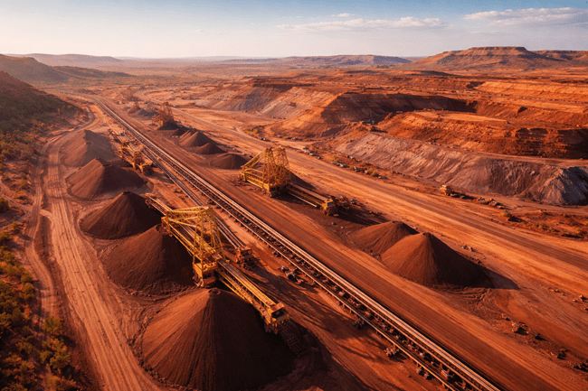 A representative aerial view of iron ore mining operations in Western Australia’s Pilbara region, reflecting how Rio Tinto Limited and BHP Group Limited are exploring a shared, low-capex strategy to unlock up to 200 million tonnes of iron ore through infrastructure collaboration.