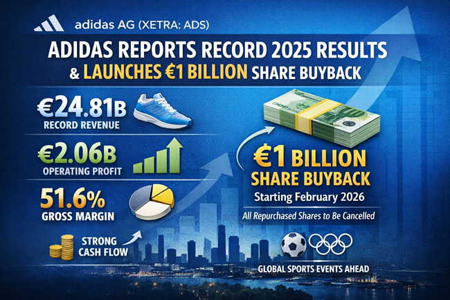 Representative image: adidas AG reports record 2025 revenue and profit, prompting a €1 billion share buyback as the sportswear group strengthens margins and capital returns ahead of major global sporting events.