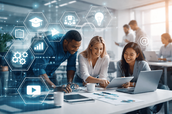Representative image: A diverse corporate L&D team collaborates on digital learning strategies, reflecting how custom agencies like SweetRush are integrating into enterprise platforms such as NIIT Learning Systems to scale AI-driven training and managed learning services.