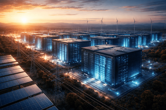 A representative image of a next-generation AI data center campus, illustrating the scale and energy infrastructure integration behind OpenAI and SoftBank’s $1 billion investment in SB Energy’s Stargate project.