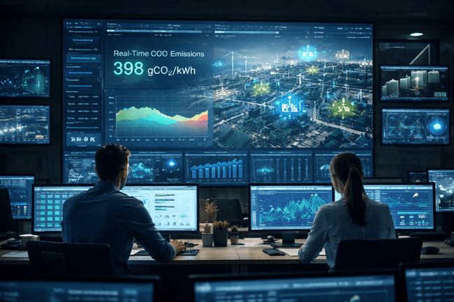 Representative image of a real-time energy operations center integrating emissions data. Texture’s new partnership with WattTime brings embedded CO₂ visibility to daily grid workflows.
