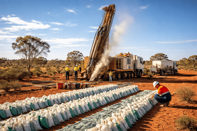 Representative image of a reverse circulation gold drilling operation in South Australia, reflecting Auravelle Metals Limited’s high‑grade Sheoak gold discovery and expanding Nuckulla Hill exploration program.