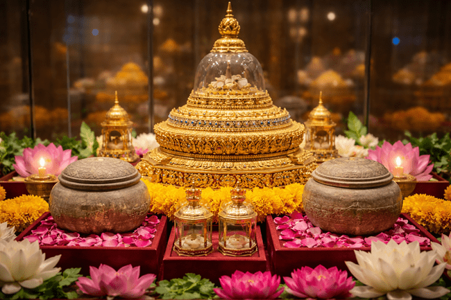 Representative image of sacred relics associated with Bhagwan Buddha, similar to those on display at the Grand International Exposition of Piprahwa Relics in New Delhi, showcasing India’s heritage and global Buddhist legacy.