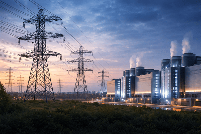 Representative image of transmission infrastructure and large-scale data centers, reflecting the growing integration challenges PJM Interconnection is addressing through its 2026 reliability plan for large load growth.