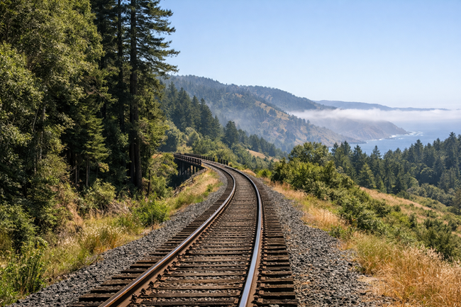 Representative image. A rail corridor running through Northern California’s forested landscape, reflecting the Fort Bragg–Willits line preserved within the national rail network following the Surface Transportation Board’s decision.