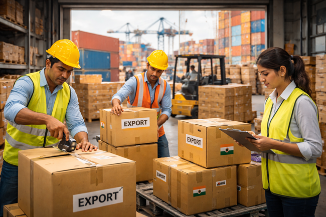 Representative image showing Indian MSME exporters preparing consignments for global markets, reflecting the Export Promotion Mission push to strengthen small business participation in international trade.