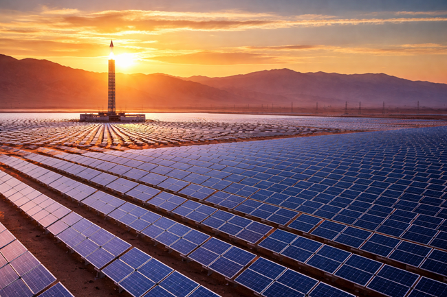 A representative image of a large-scale solar power facility, similar in layout and technology mix to the Mohammed bin Rashid Al Maktoum Solar Park in Dubai, which reached 3,860 megawatts of capacity by the end of 2025.