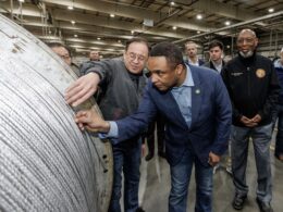 U.S. Congressman Don Davis with Gisu Kim, Regional President of North America at LS Cable & System Ltd., during the announcement of the company’s $50 million manufacturing expansion in Tarboro, North Carolina.