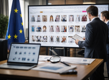 A representative image showing European Union regulators reviewing an online fast-fashion marketplace interface, reflecting the European Commission’s Digital Services Act investigation into Shein’s platform design, recommender system transparency, and illegal product risk controls.