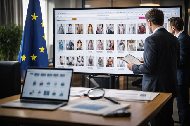 A representative image showing European Union regulators reviewing an online fast-fashion marketplace interface, reflecting the European Commission’s Digital Services Act investigation into Shein’s platform design, recommender system transparency, and illegal product risk controls.