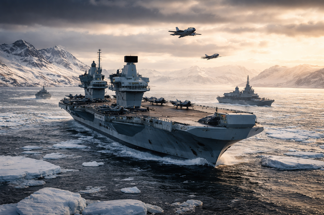 Representative image. A United Kingdom aircraft carrier strike group operating in icy Arctic waters reflects the growing military focus on the High North as Prime Minister Keir Starmer signals a tougher UK stance on Russia and Arctic security.