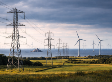 Representative image showing UK electricity transmission infrastructure alongside offshore wind farms, reflecting SSE plc’s accelerating grid investment and offshore wind expansion strategy highlighted in its FY26 Q3 trading update.