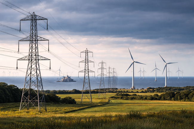Representative image showing UK electricity transmission infrastructure alongside offshore wind farms, reflecting SSE plc’s accelerating grid investment and offshore wind expansion strategy highlighted in its FY26 Q3 trading update.