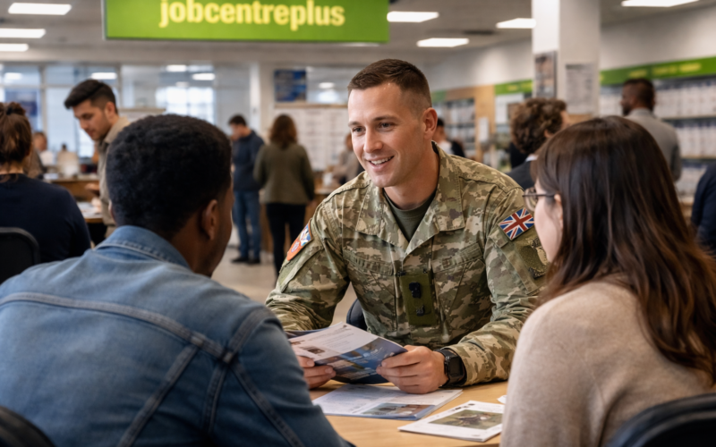 A representative image showing a United Kingdom Jobcentre Plus environment, reflecting the Ministry of Defence and Department for Work and Pensions initiative to expand Armed Forces recruitment and career guidance through local jobcentres.