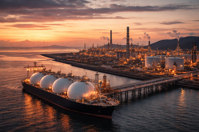Representative image of a liquefied natural gas export facility, aligning with Woodside Energy Group Ltd’s FY2025 results and its pivot toward LNG-led reinvestment.