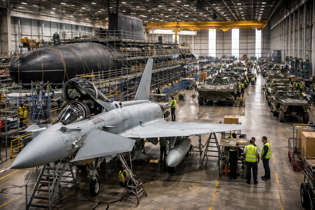 Representative image illustrating large-scale defence manufacturing and military platform assembly, reflecting how BAE Systems plc’s FY2025 results, record order backlog, and rising NATO defence spending are reshaping the global defence industry.