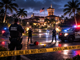 Representative image: Law enforcement officers secure the perimeter outside a Florida luxury estate following a late-night security breach, reflecting the US Secret Service response after an armed man was shot at Donald Trump’s Mar-a-Lago.