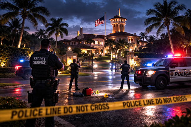 Representative image: Law enforcement officers secure the perimeter outside a Florida luxury estate following a late-night security breach, reflecting the US Secret Service response after an armed man was shot at Donald Trump’s Mar-a-Lago.