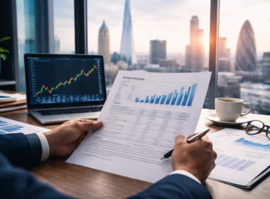 Representative image. An analyst reviews financial performance charts against the London skyline, reflecting how NatWest Group plc’s FY2025 results are reshaping investor sentiment and the UK banking outlook.