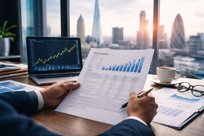 Representative image. An analyst reviews financial performance charts against the London skyline, reflecting how NatWest Group plc’s FY2025 results are reshaping investor sentiment and the UK banking outlook.