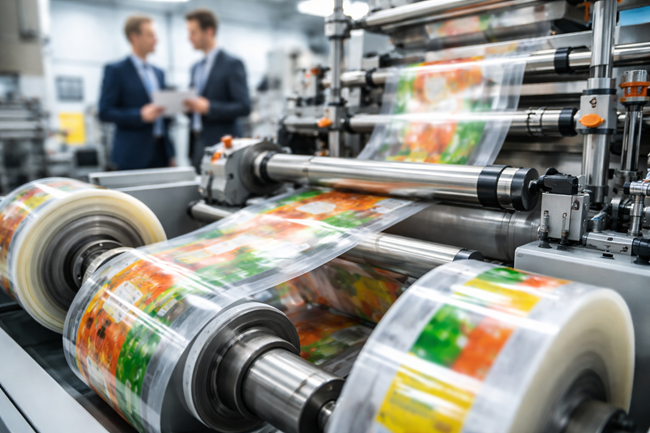 Representative image showing flexible packaging film running through industrial printing and converting equipment, reflecting consolidation trends as Inovar Packaging Group expands its stretch sleeve and roll-fed label capabilities through the Kiliper Corporation acquisition.