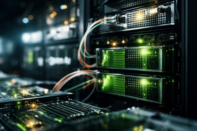 Representative image showing high-density AI servers inside a modern data center, reflecting Nvidia Corporation’s deepening investment ties with OpenAI as large-scale AI infrastructure funding enters a new phase.
