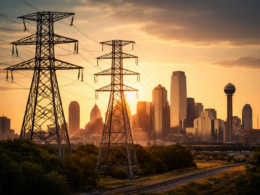 Representative image showing high-voltage transmission infrastructure near an urban center in Texas, reflecting the regulatory approval of Blackstone Infrastructure’s acquisition of TXNM Energy and its implications for U.S. utility ownership.