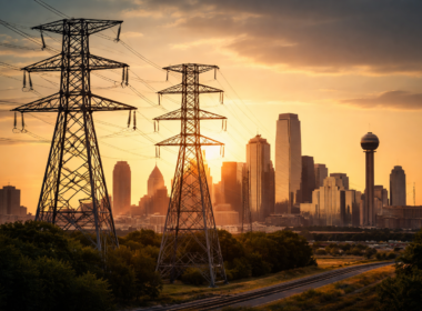 Representative image showing high-voltage transmission infrastructure near an urban center in Texas, reflecting the regulatory approval of Blackstone Infrastructure’s acquisition of TXNM Energy and its implications for U.S. utility ownership.