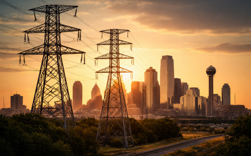 Representative image showing high-voltage transmission infrastructure near an urban center in Texas, reflecting the regulatory approval of Blackstone Infrastructure’s acquisition of TXNM Energy and its implications for U.S. utility ownership.