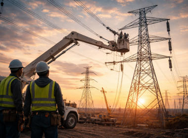 Representative image: Utility workers carry out high-voltage transmission line upgrades as demand from artificial intelligence data centers accelerates grid investment, a representative image reflecting how companies such as Quanta Services Inc. are benefiting from AI-driven power infrastructure expansion.
