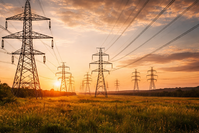 Representative image showing high-voltage transmission lines, reflecting the PJM-approved grid reliability project being advanced by NextEra Energy Transmission and Exelon across Pennsylvania and West Virginia.